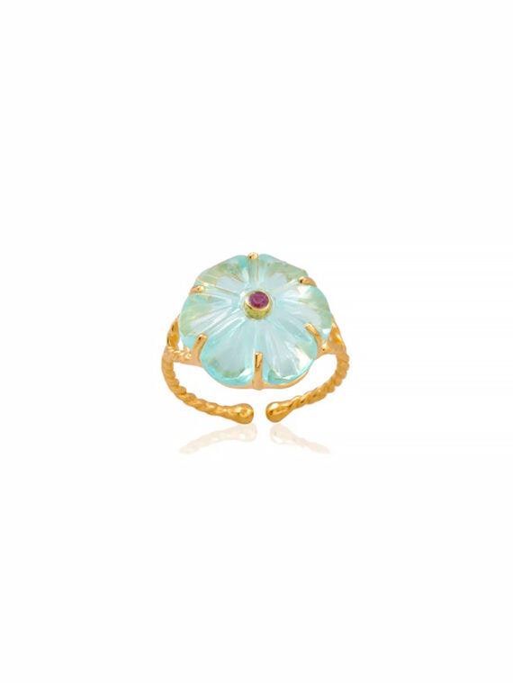 Bague fleur iris cristal aigue marine